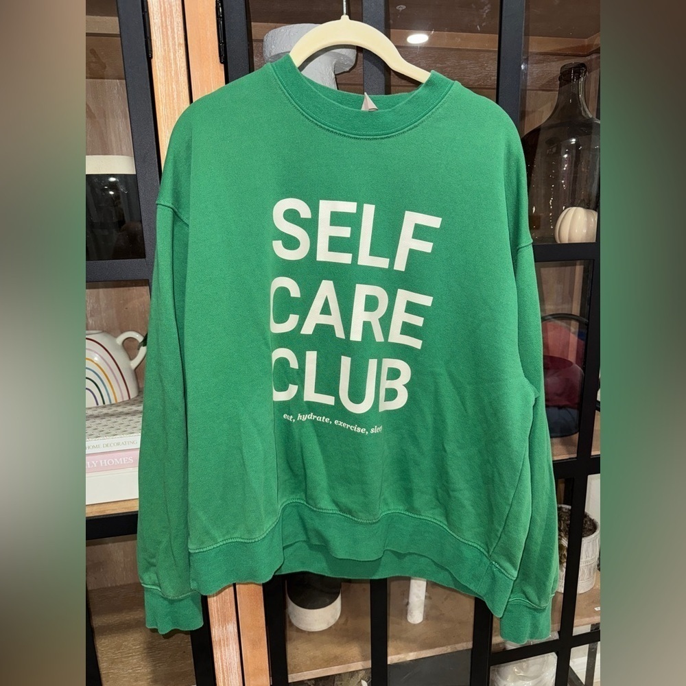 H&M Self Care Club crewneck pullover sweatshirt sporty rich ribbed kelly green - Picture 4 of 7